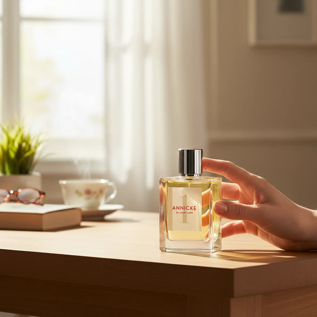 Flacone di profumo Newbelle Annicke 1 su un tavolo in legno con una mano che lo tocca in un ambiente luminoso