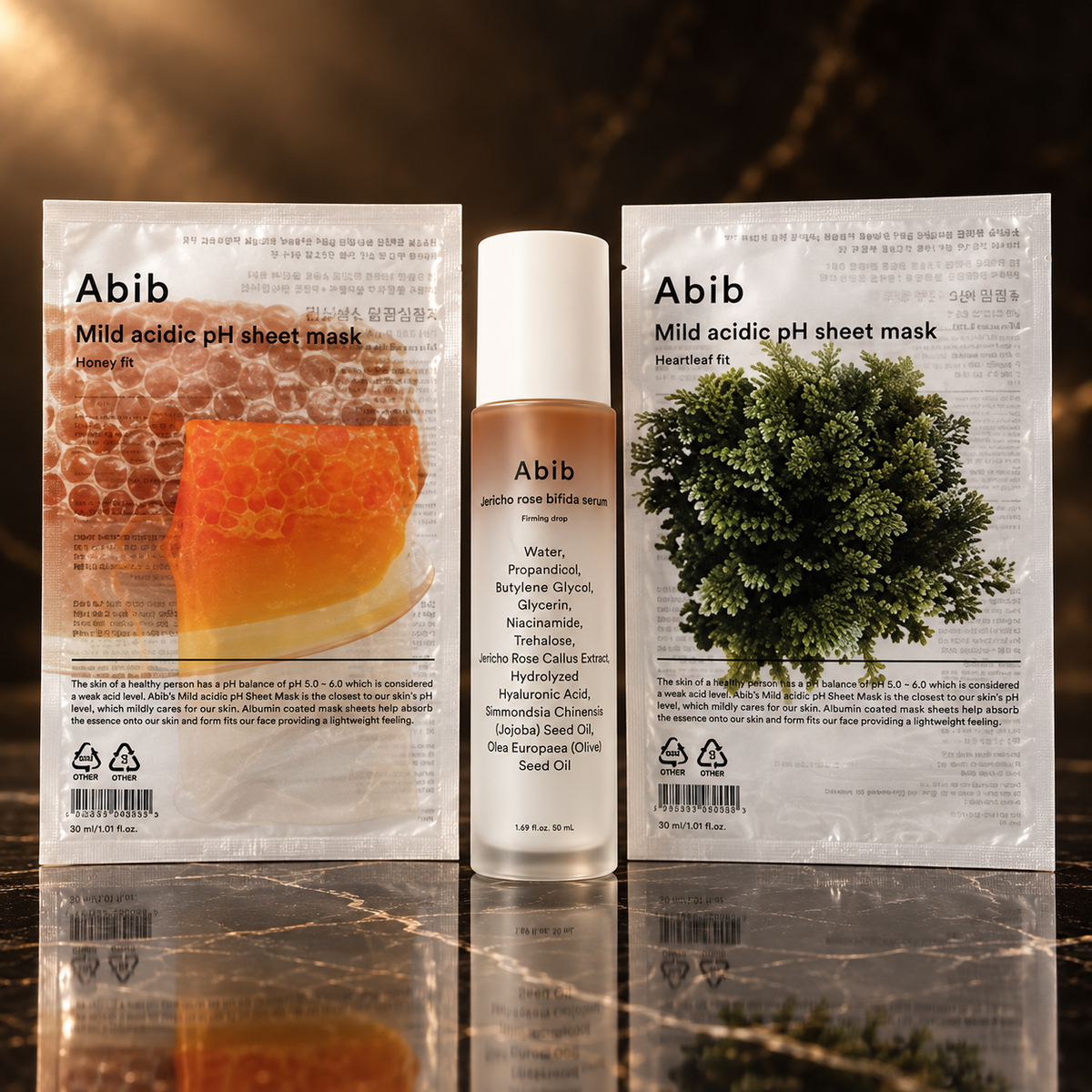 Abib: prodotti reali della collezione su marmo nero