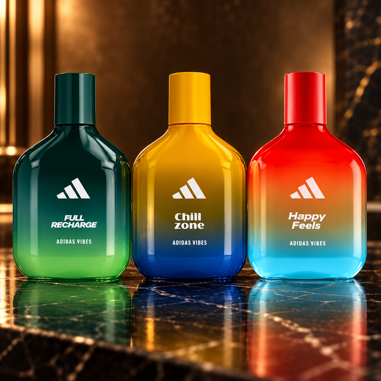 Adidas Vibes Full Recharge, Chill Zone e Happy Feels su marmo nero