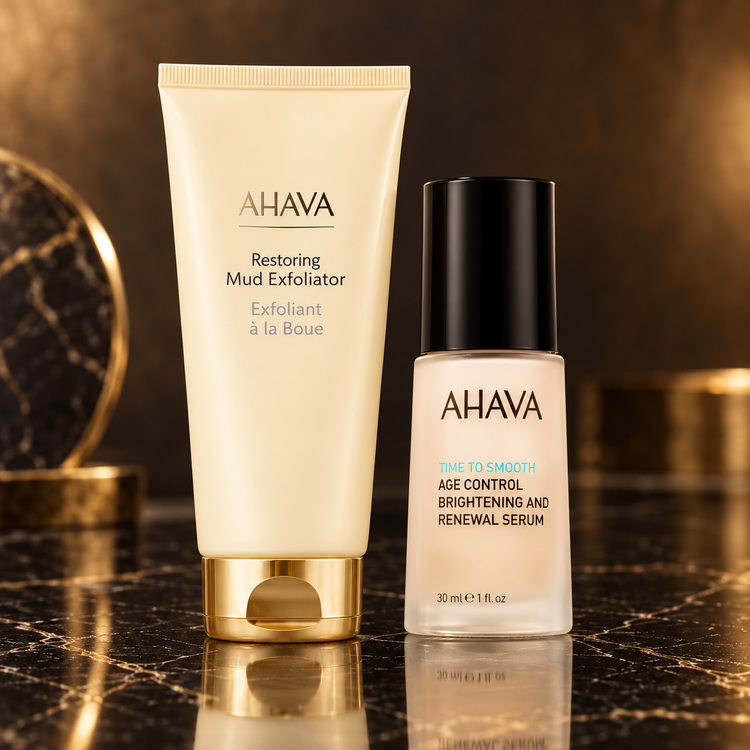 Ahava: prodotti reali della collezione su marmo nero