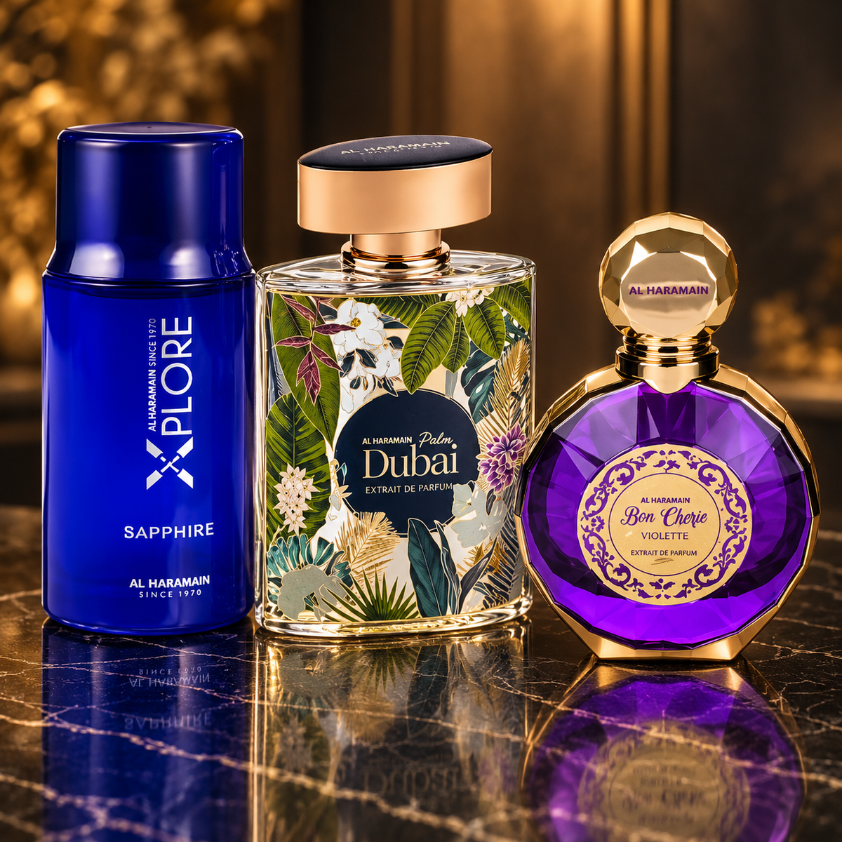 Al Haramain: Xplore Saphire, Palm Dubai, Bon Cherie Violette — scena su marmo nero