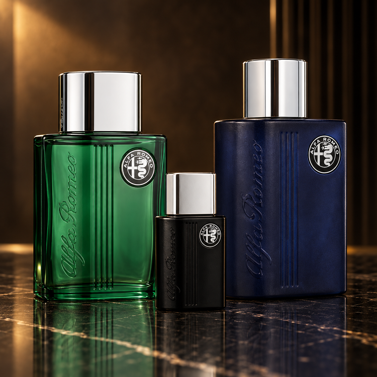 Alfa Romeo: Black EDT 15 ml + spray da corpo 150 ml, Green Eau de Toilette (uomo) 40 ml, Blue Eau de Toilette (uomo) 75 ml — scena su marmo nero