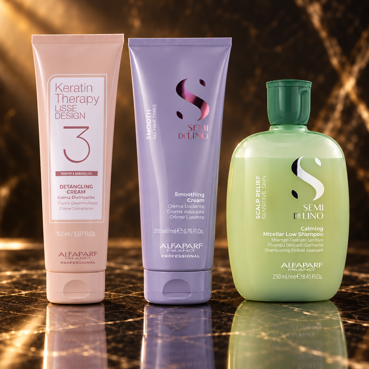 Alfaparf Milano: Keratin Therapy Lisse Design, Semi Di Lino Smooth, Semi Di Lino Scalp Relief — scena su marmo nero