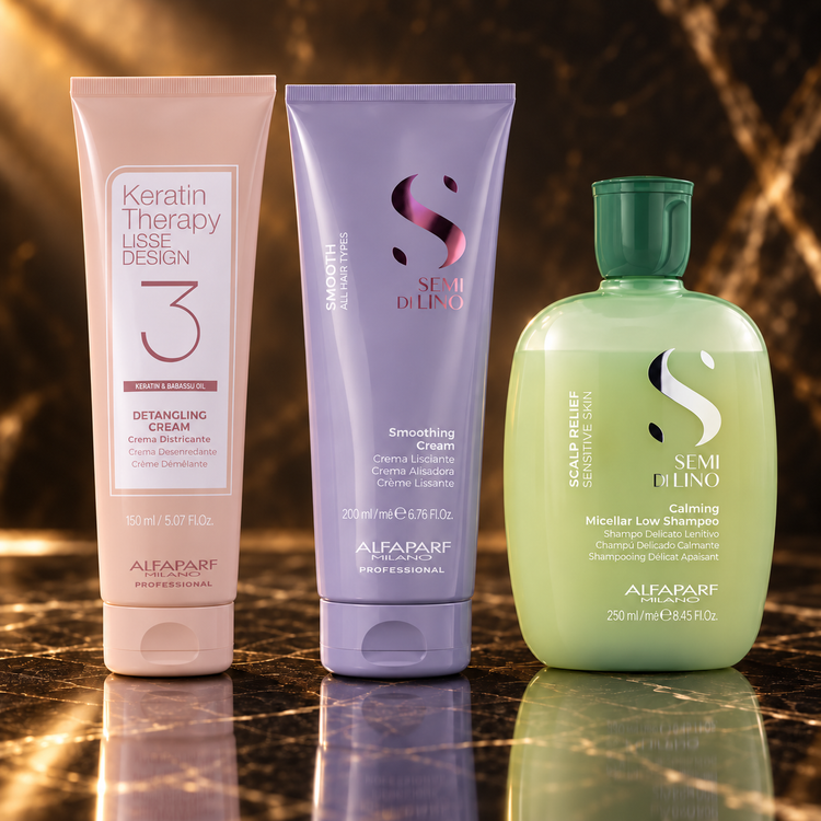 Alfaparf Milano: Keratin Therapy Lisse Design, Semi Di Lino Smooth, Semi Di Lino Scalp Relief — scena su marmo nero