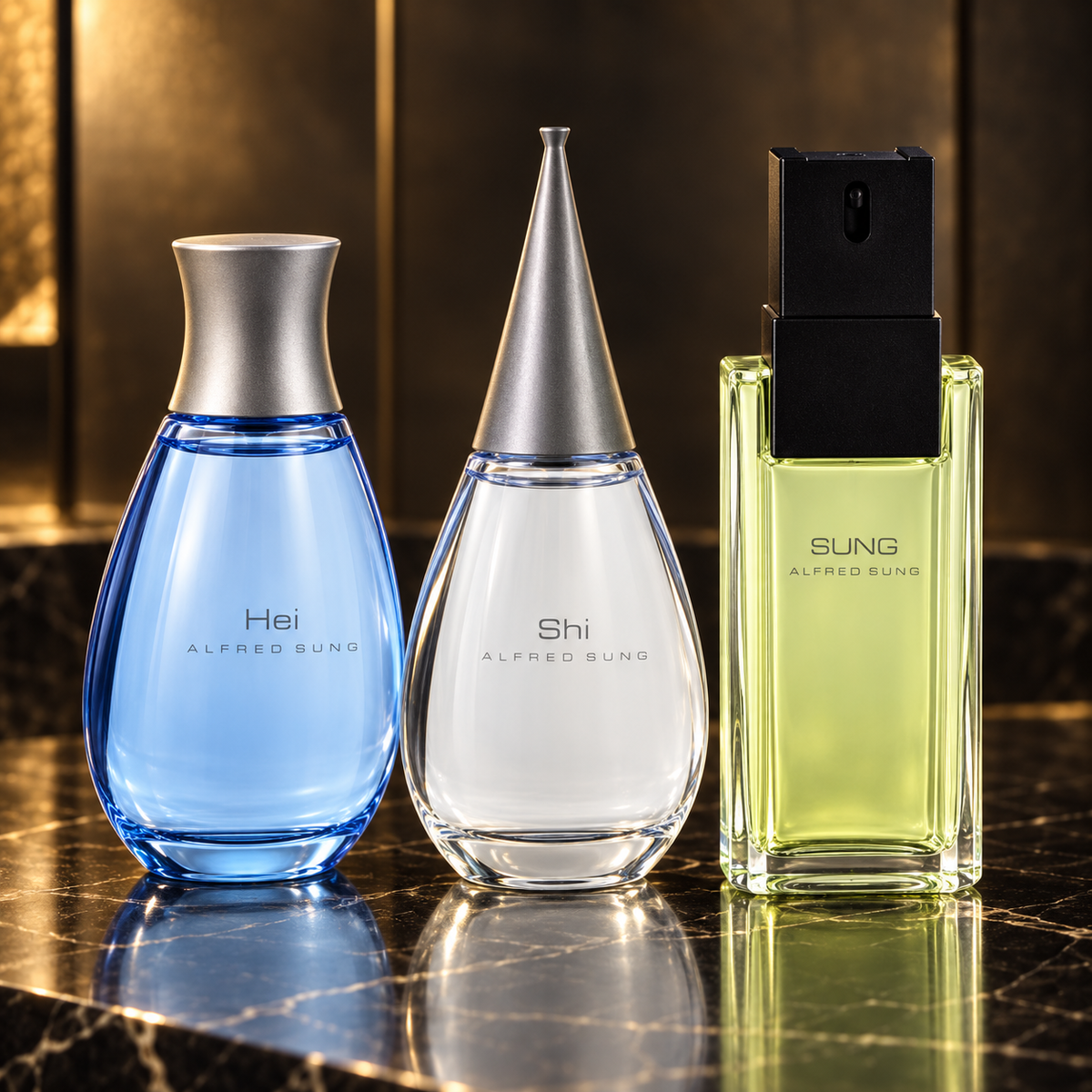 Alfred Sung: Hei, Shi, Sung for Women — prodotti della collezione su marmo nero