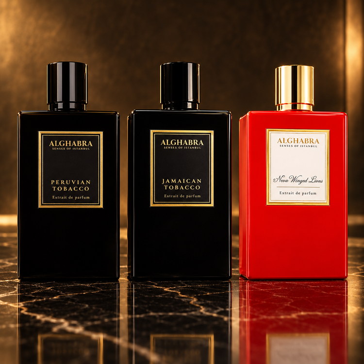 Alghabra: Peruvian Tobacco, Jamaican Tobacco, Wonders of Russia Neva Winged Lions — scena su marmo nero