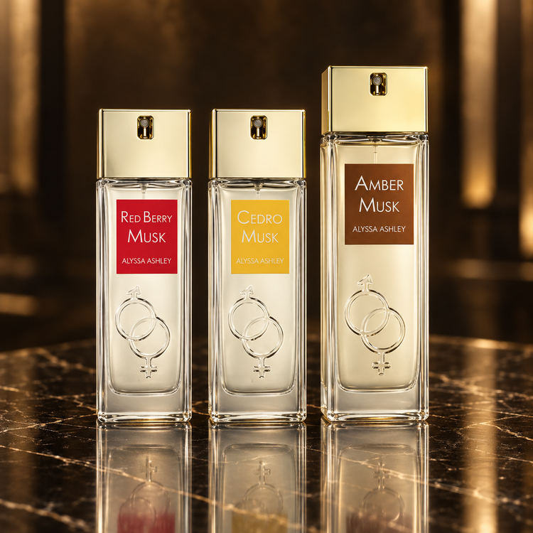 Alyssa Ashley: Red Berry Musk Eau de Parfum (unisex) 50 ml, Cedro Musk Eau de Parfum (unisex) 50 ml, Amber Musk Eau de Parfum (unisex) 100 ml — scena su marmo nero