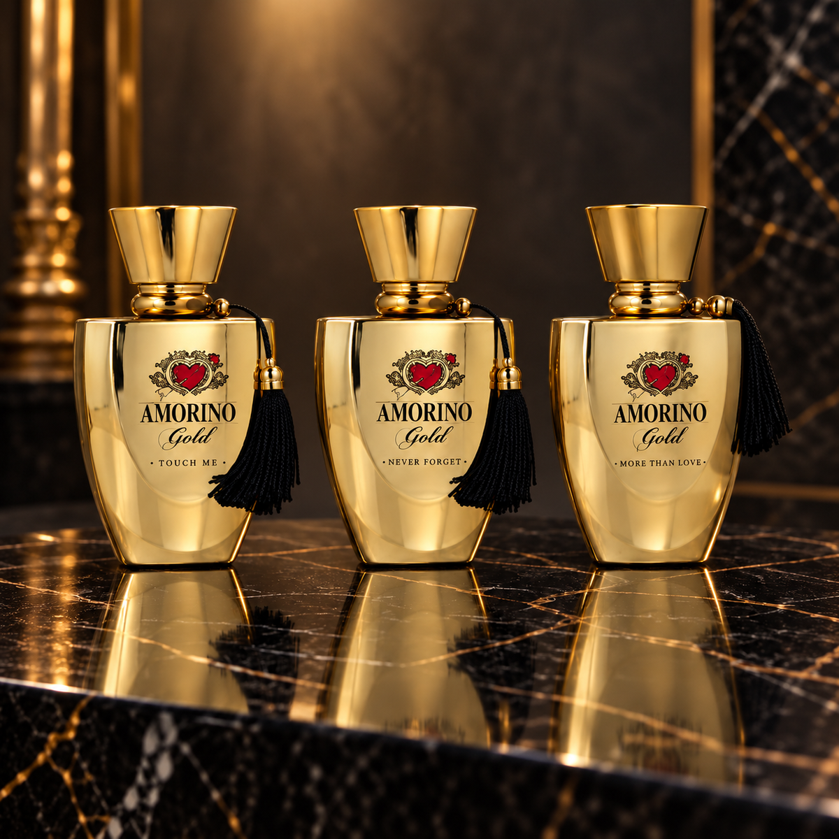 Amorino: Amorino Gold Touch Me, Amorino Gold Never Forget, Amorino Gold More Than Love — scena su marmo nero