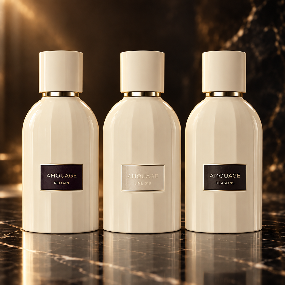 Amouage: Remain, Line 618, Reasons — scena su marmo nero