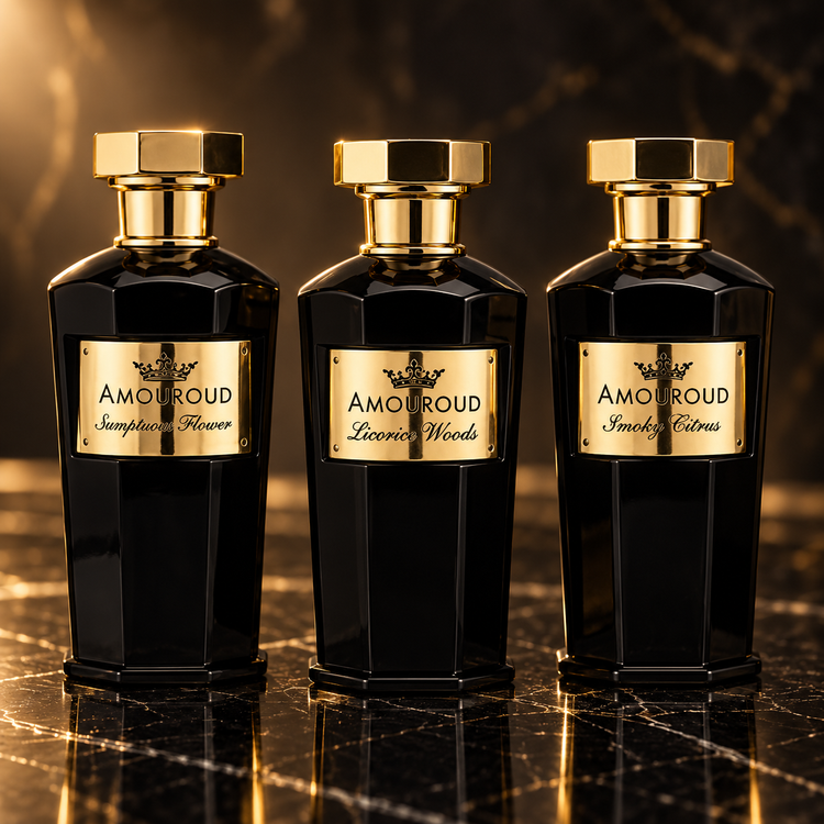 Amouroud: Sumptuous Flower, Licorice Woods, Smoky Citrus — scena su marmo nero