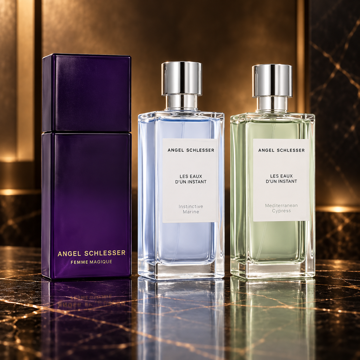 Angel Schlesser: Femme Magique, Les Eaux d'Un Instant Instictive Marine, Les Eaux d'Un Instant Mediterranean Cypress — scena su marmo nero