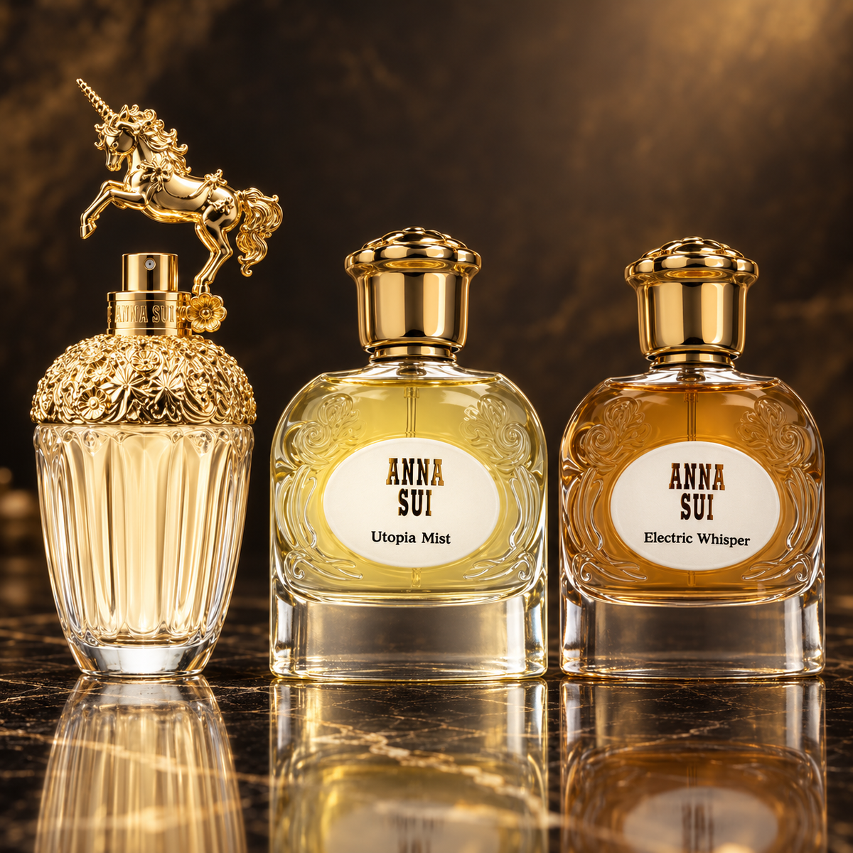 Anna Sui: Fantasia, Utopia Mist, Electric Whisper — scena su marmo nero