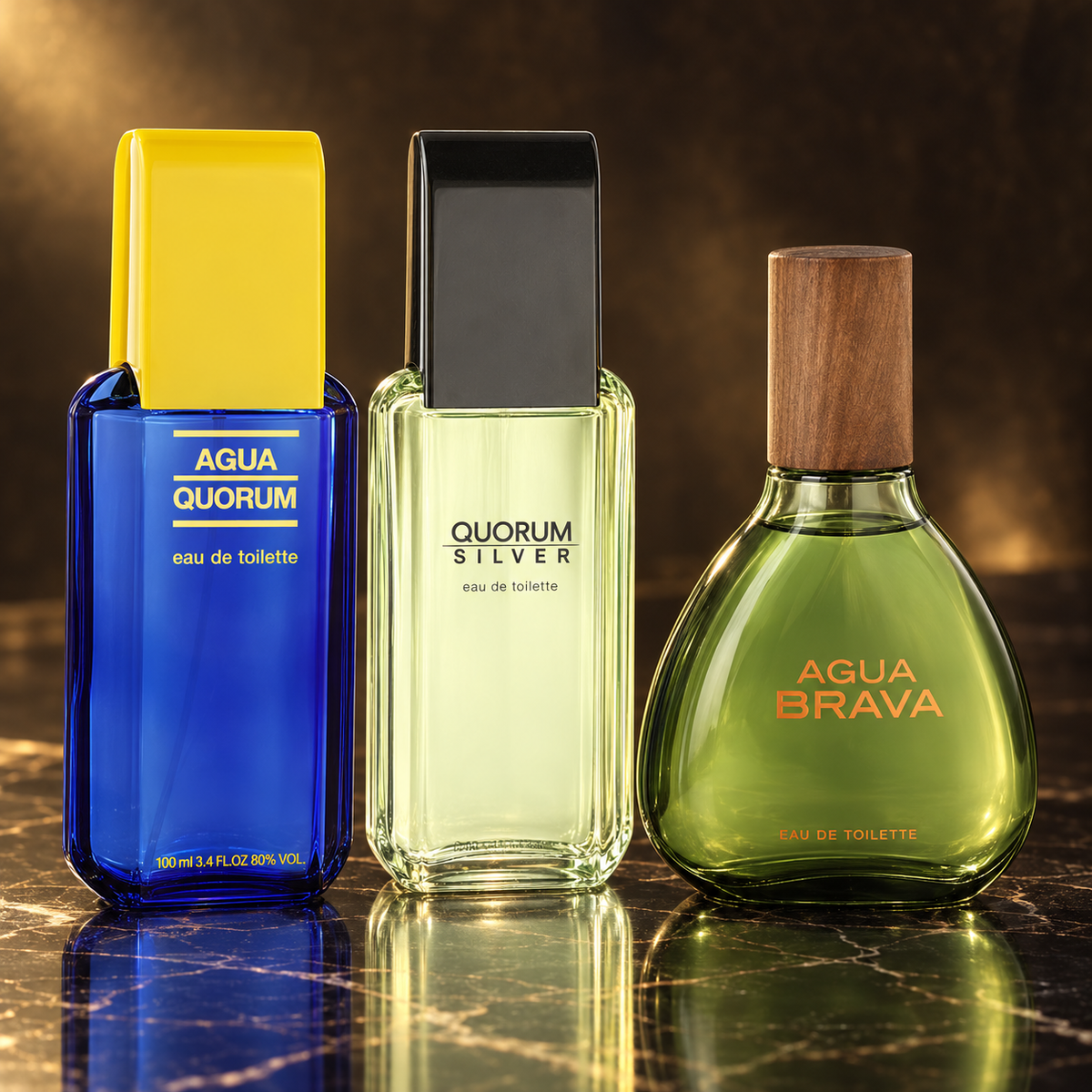 Antonio Puig: Agua Quorum, Quorum Silver, Agua Brava — scena su marmo nero