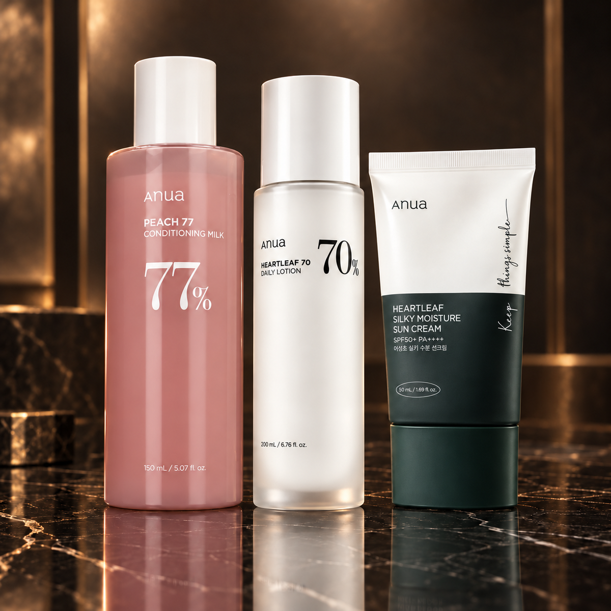 Anua: Peach, Heartleaf, Heartleaf — scena su marmo nero
