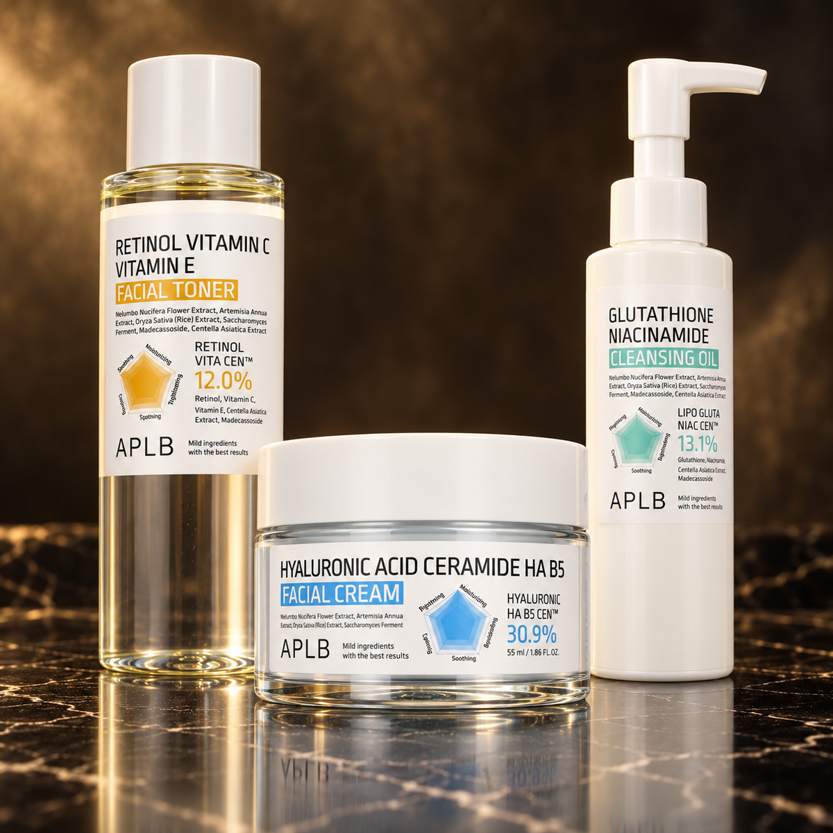 APLB: Retinol, Hyaluronic Acid, Glutathione Niacinamide — scena su marmo nero