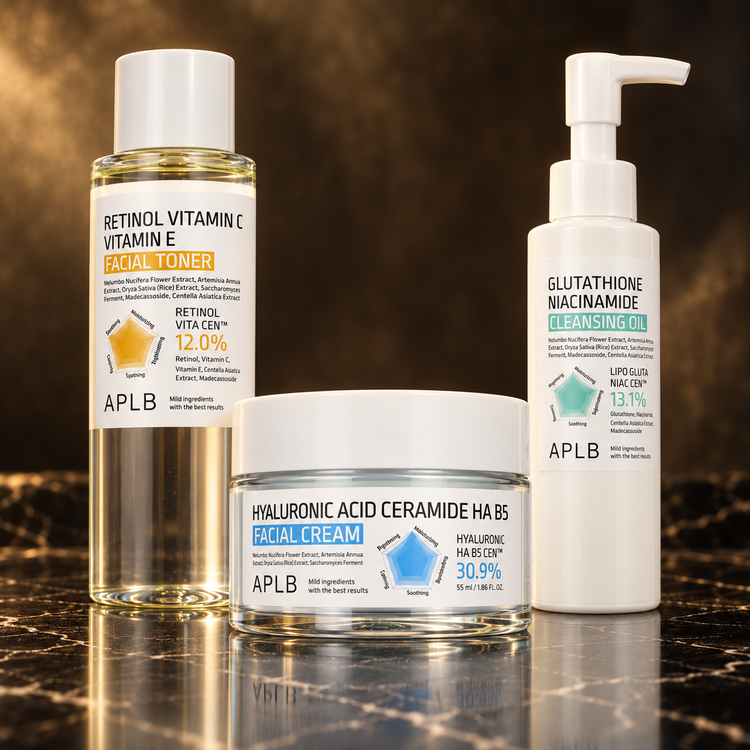 APLB: Retinol, Hyaluronic Acid, Glutathione Niacinamide — scena su marmo nero