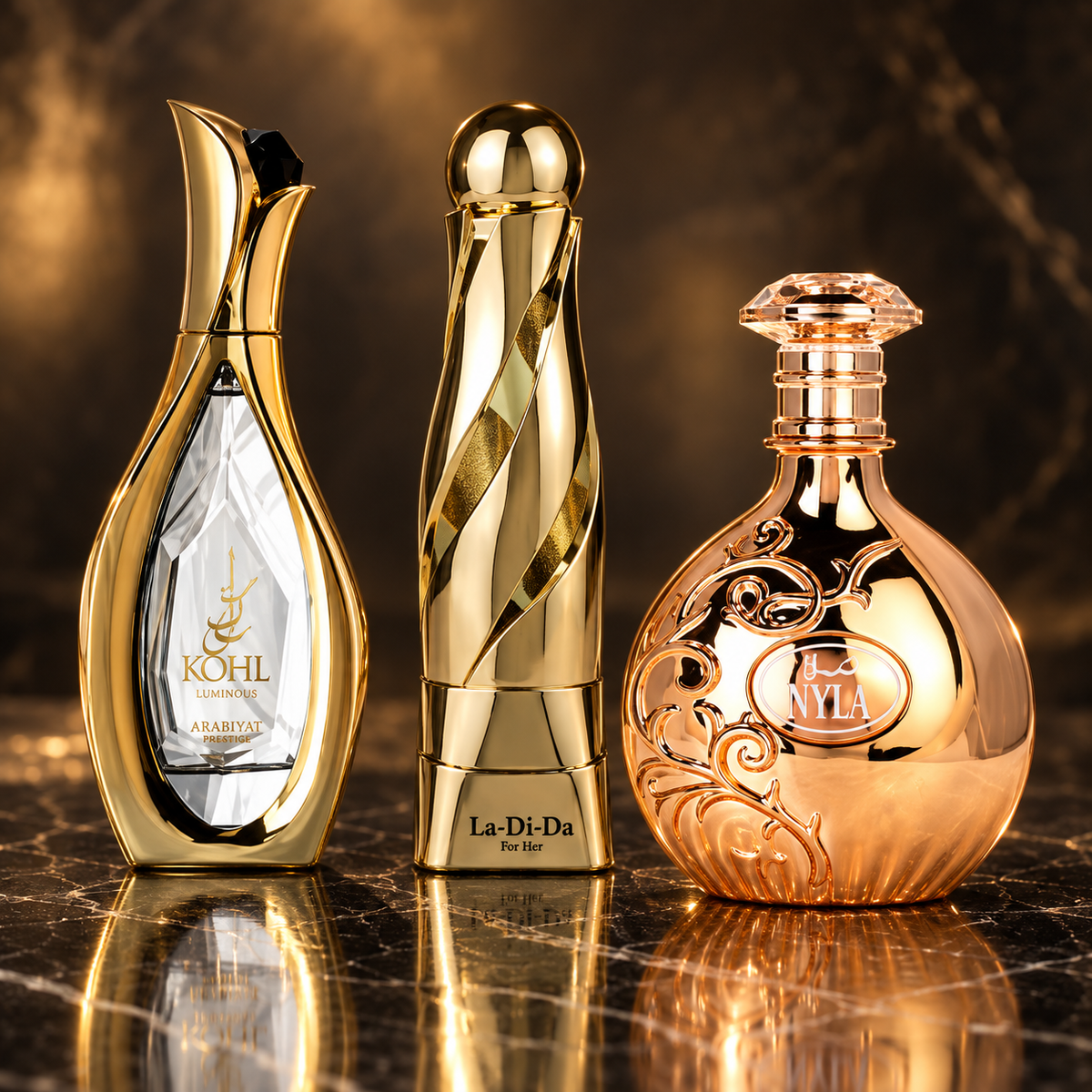 Arabiyat Prestige: Kohl Luminous, La-Di-Da For Her, Nyla — scena su marmo nero