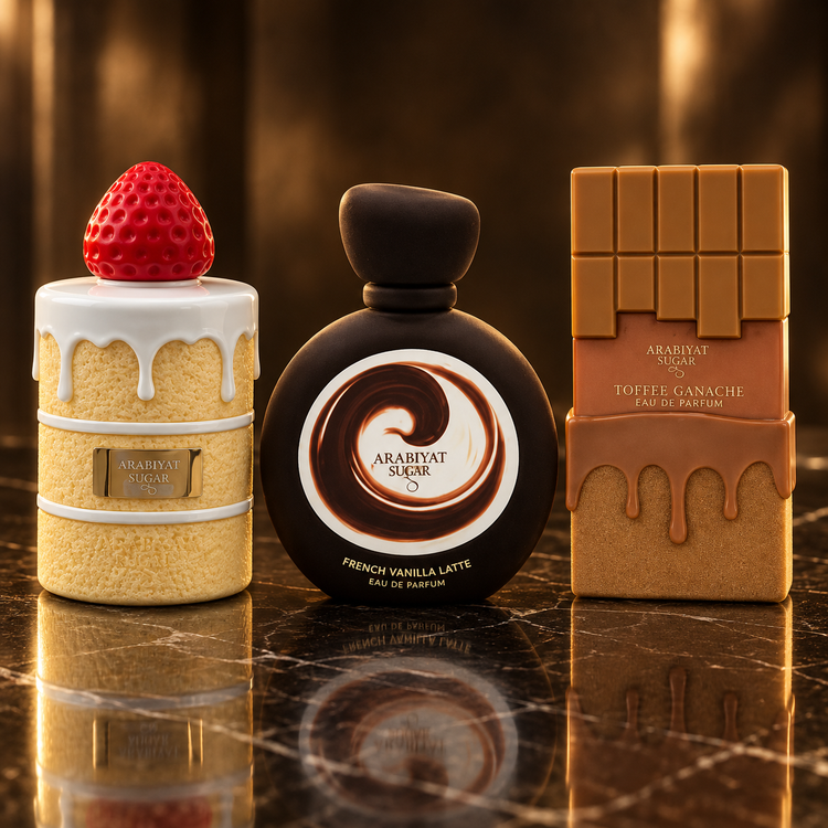 Arabiyat Sugar: Coconut Chiffon, French Vanilla Latte, Toffee Ganache — scena su marmo nero