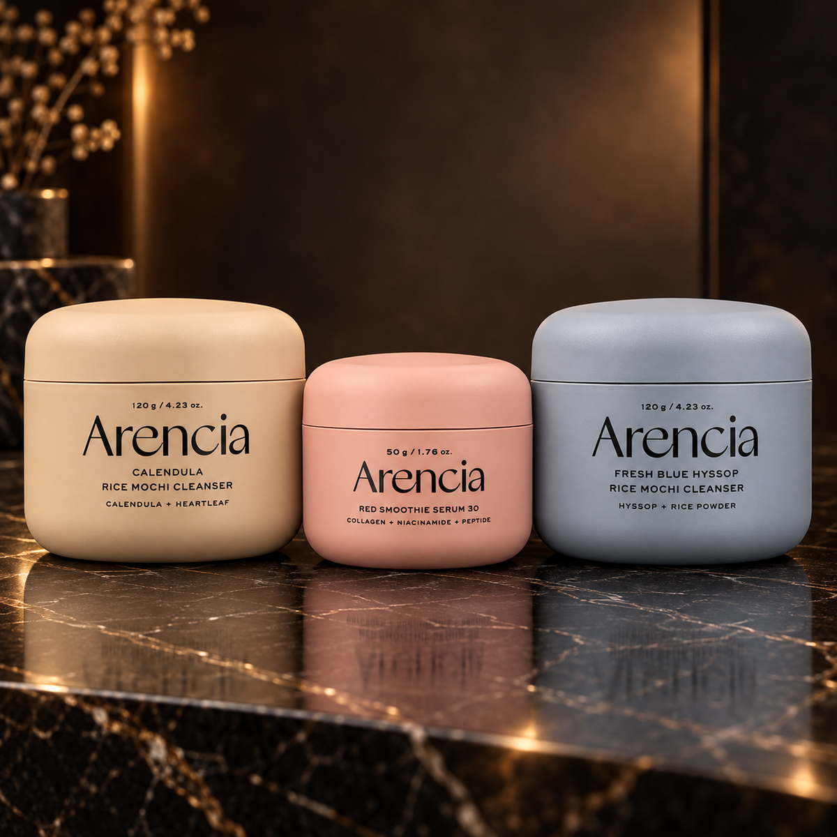 Arencia: Calendula, Red Smoothie Serum 30 50 g, Fresh Blue — scena su marmo nero
