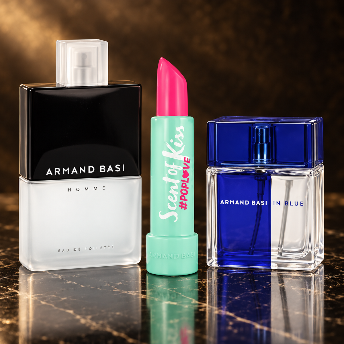 Armand Basi: Homme, Ladies Scent Of Kiss #Poplove, In Blue — scena su marmo nero