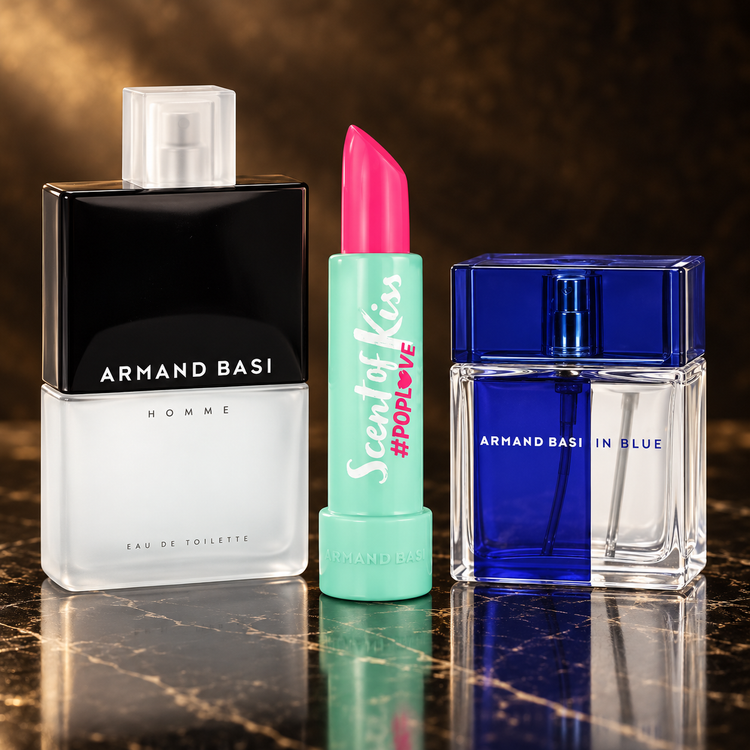 Armand Basi: Homme, Ladies Scent Of Kiss #Poplove, In Blue — scena su marmo nero