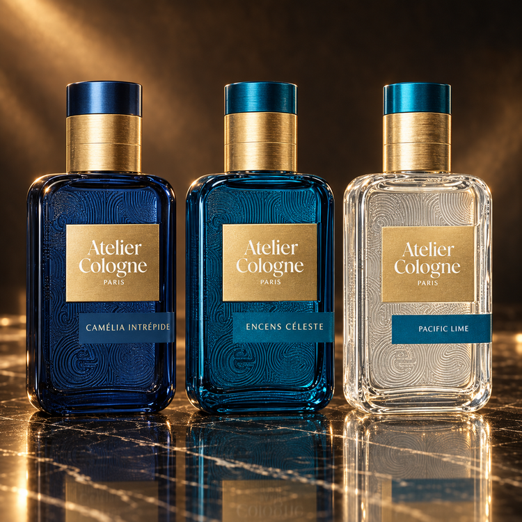 Atelier Cologne: Camélia Intrépide Eau de Parfum, Encens Céleste, Pacific Lime — scena su marmo nero