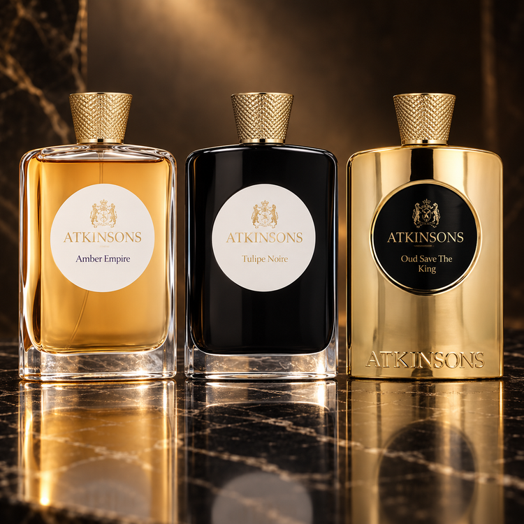 Atkinsons: Amber Empire, Tulipe Noire, Oud Save The King — scena su marmo nero
