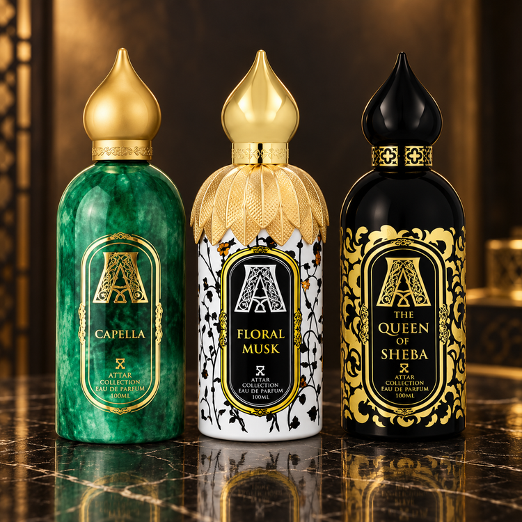 Attar Collection: Capella, Floral Musk, The Queen of Sheba — scena su marmo nero