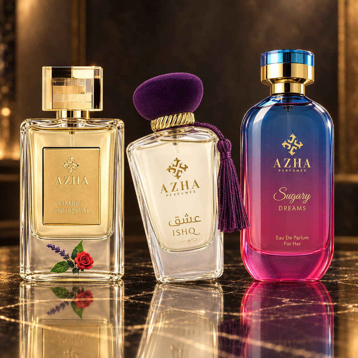 Azha Perfumes: Ombre Oriental, Ishq Eau de Parfum (donna) 100 ml, Sugary Dreams — scena su marmo nero