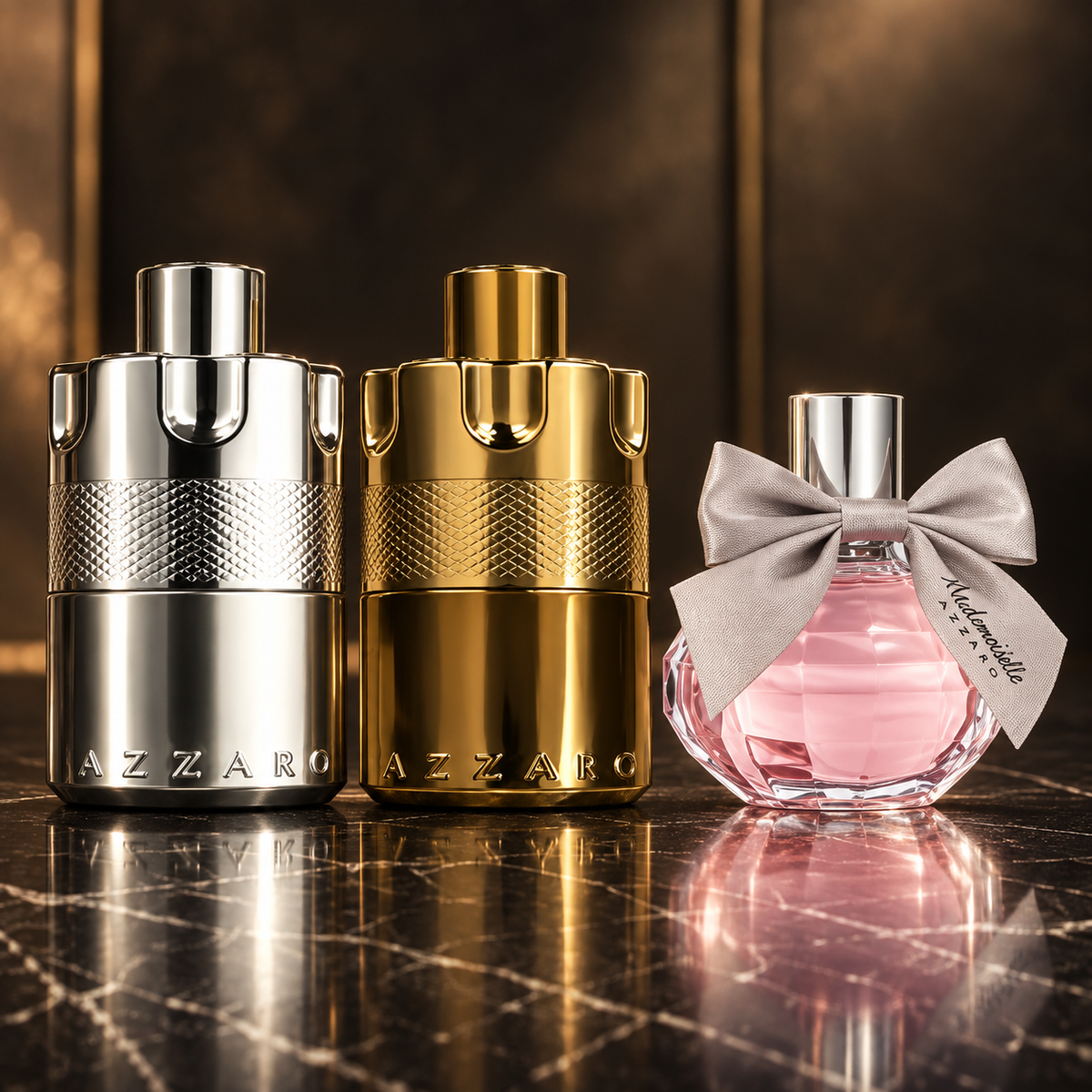 Azzaro: Wanted EDP 100 ml + EDP MINI 10 ml, Forever Wanted Elixir, Mademoiselle — scena su marmo nero