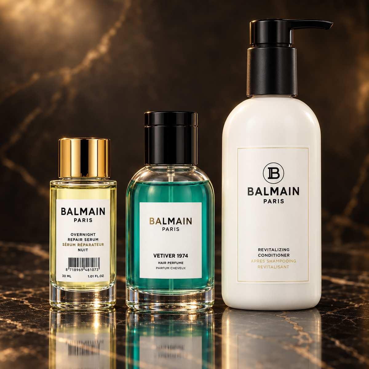 Balmain Hair: Couture Overnight Repair Serum 30 ml, Vetiver 1974, Revitalizing — scena su marmo nero