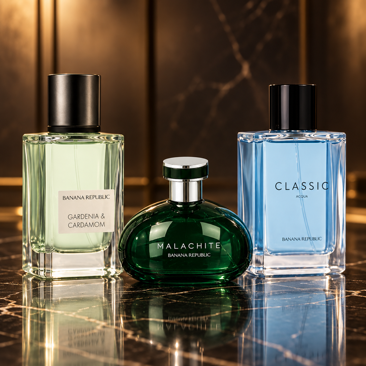 Banana Republic: Gardenia & Cardamom, Malachite, Classic Acqua — scena su marmo nero