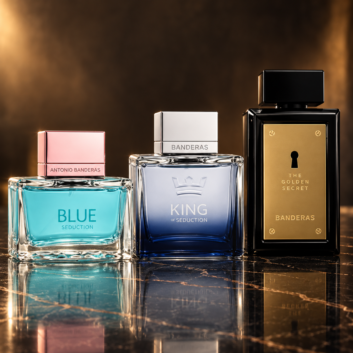 Banderas: Blue Seduction for Women, King of Seduction, The Golden Secret — scena su marmo nero