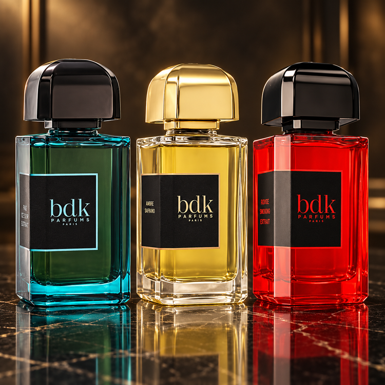 BDK Parfums: Pas Ce Soir Extrait, Ambre Safrano, Rouge Smoking Extrait — scena su marmo nero
