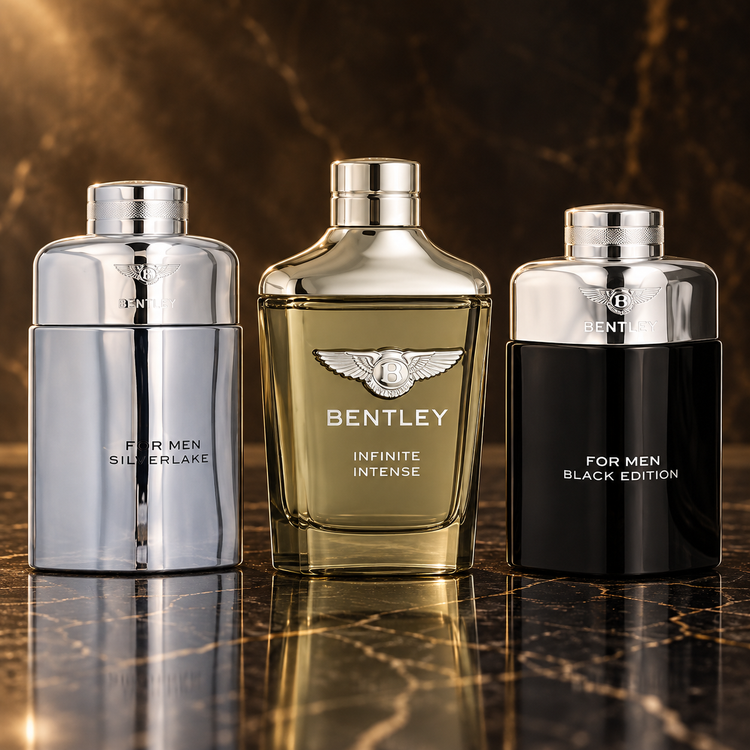 Bentley: For Men Silverlake, Infinite Intense, For Men Black Edition — scena su marmo nero