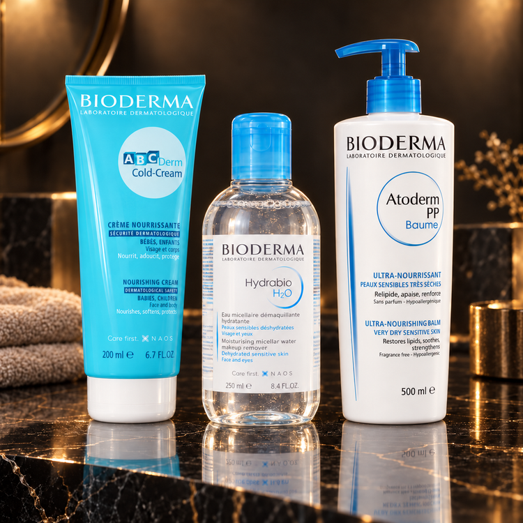 Bioderma: ABCDerm, Hydrabio, Atoderm — scena su marmo nero