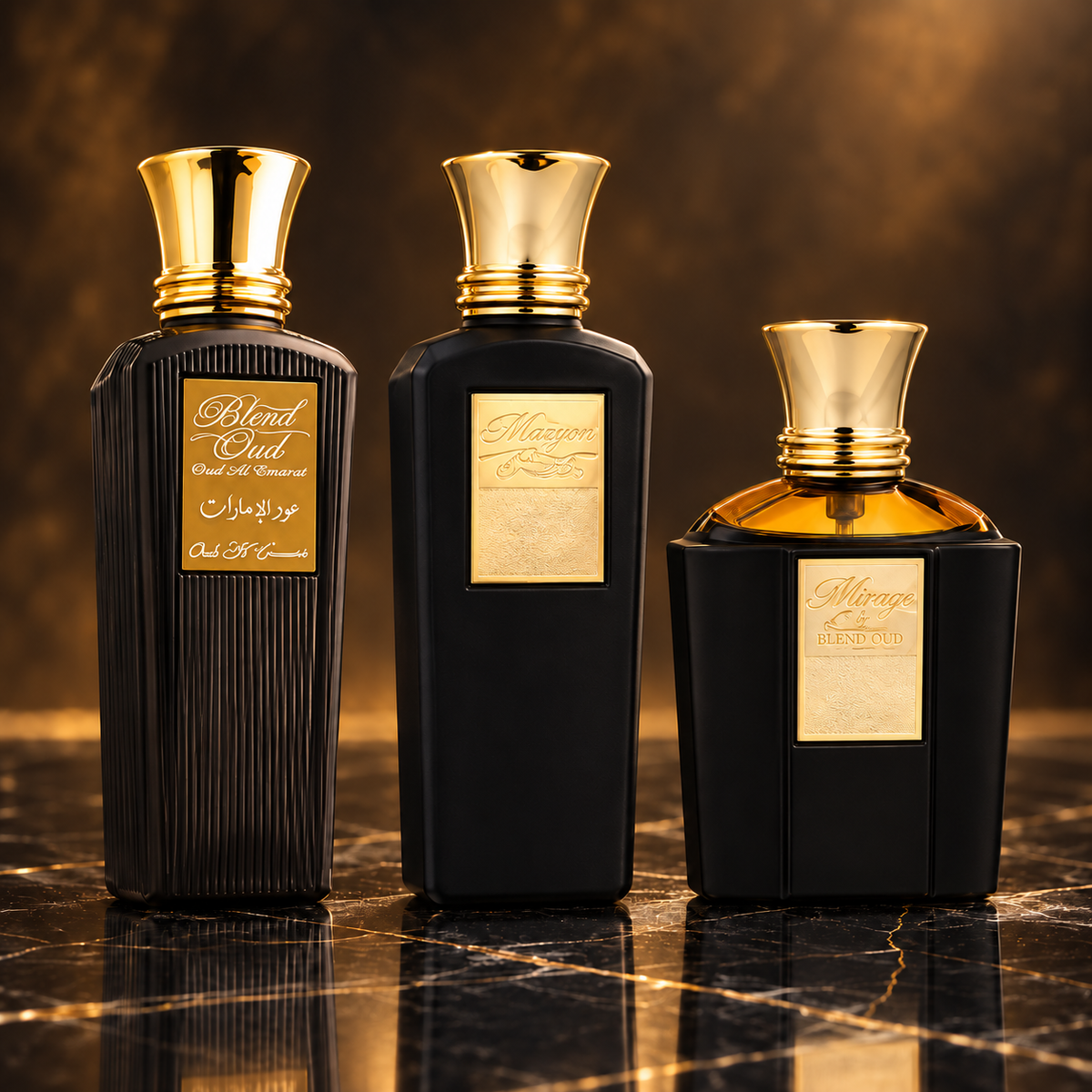 Blend Oud: Oud Al Emarat, Mazyon, Mirage — scena su marmo nero