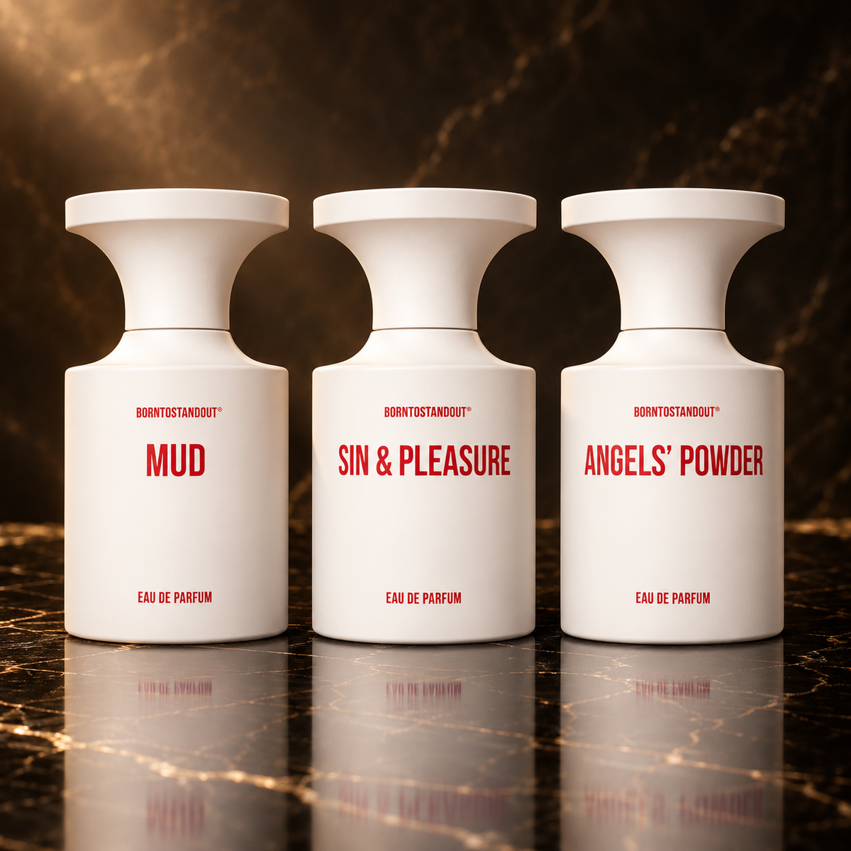 BORNTOSTANDOUT®: MUD, SIN & PLEASURE, ANGELS' POWDER — scena su marmo nero