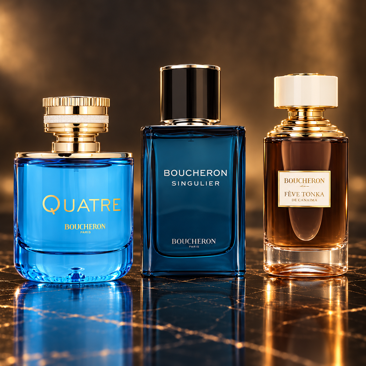 Boucheron: Quatre en Bleu, Boucheron Singulier, Fève Tonka de Canaima — scena su marmo nero