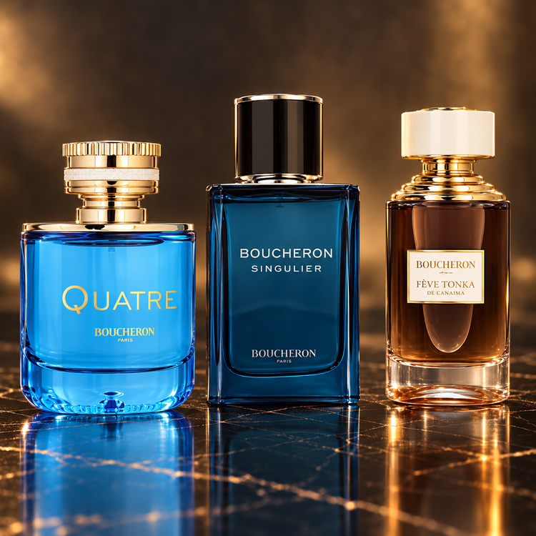 Boucheron: Quatre en Bleu, Boucheron Singulier, Fève Tonka de Canaima — scena su marmo nero