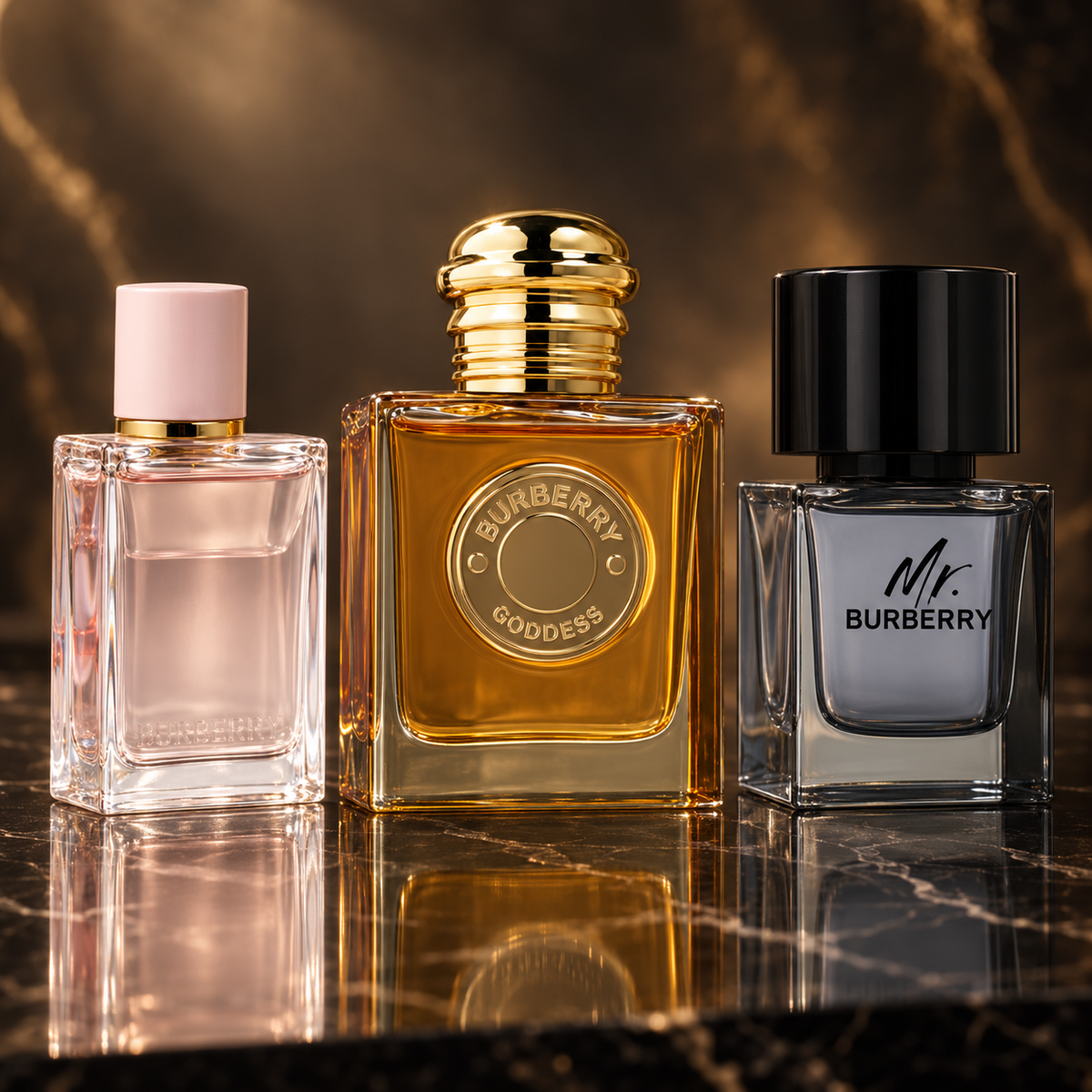 Burberry: Burberry Her, Goddess Eau de Parfum Intense (donna) - ricaricabile 50 ml, Mr. Eau de Toilette (uomo) 50 ml — scena su marmo nero