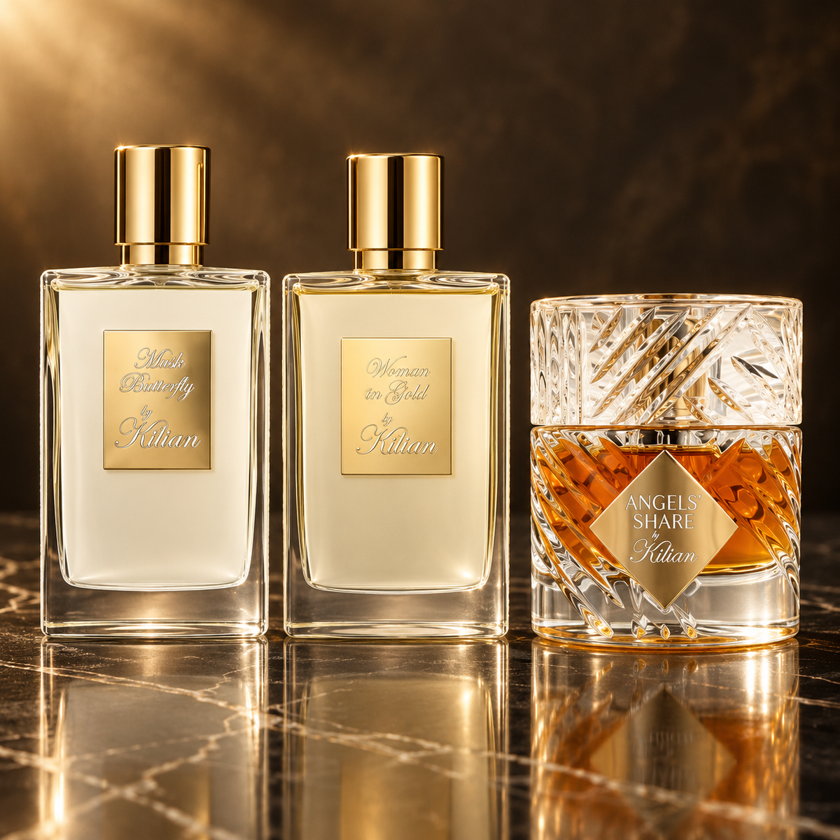 By Kilian: Musk Butterfly, Woman in Gold, Angels' Share — scena su marmo nero