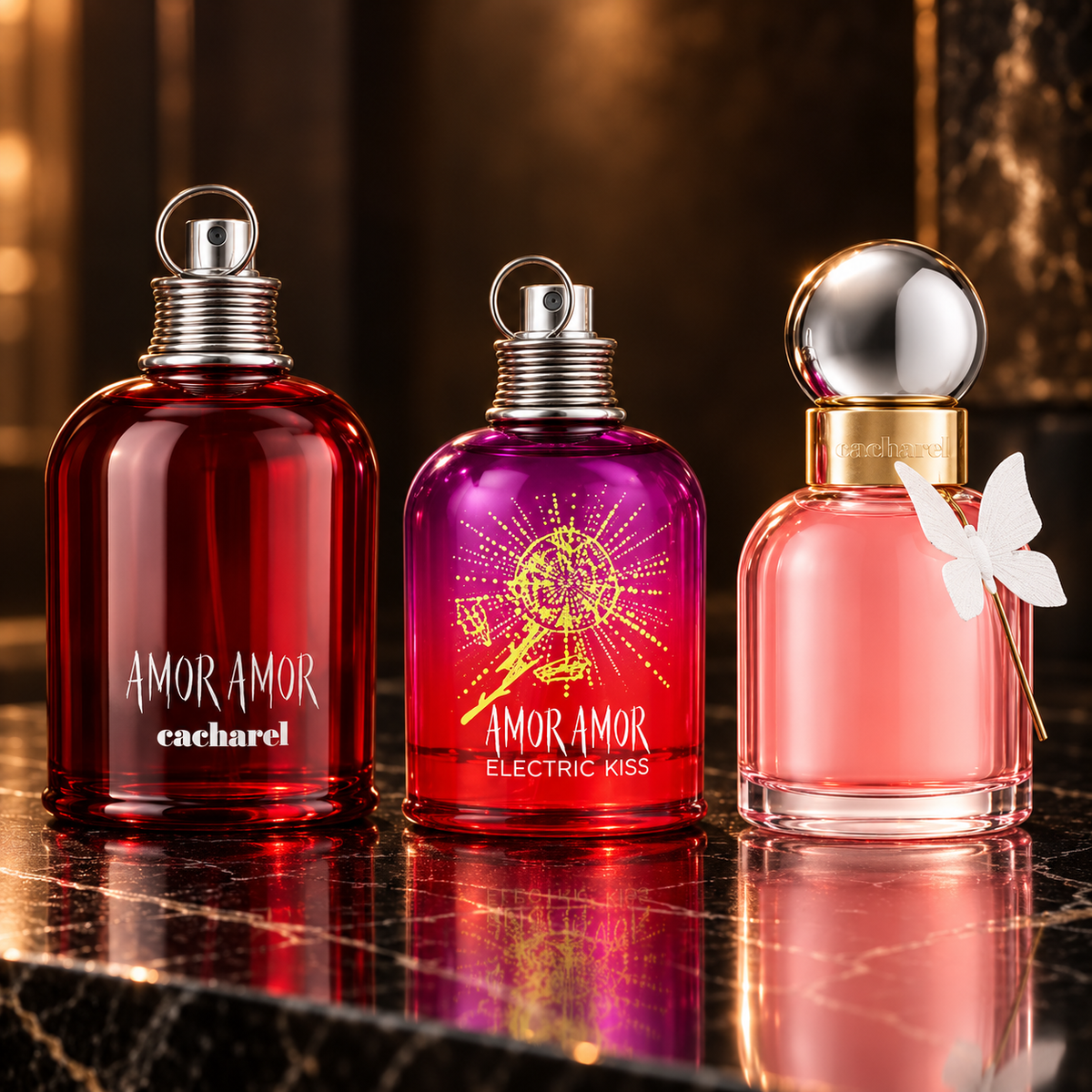 Cacharel: Amor Amor, Amor Amor Electric Kiss, Ella Ella — scena su marmo nero