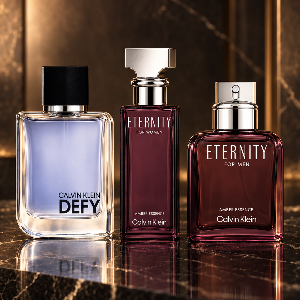 Calvin Klein: Defy, Eternity for Women Amber Essence, Eternity for Men Amber Essence — scena su marmo nero