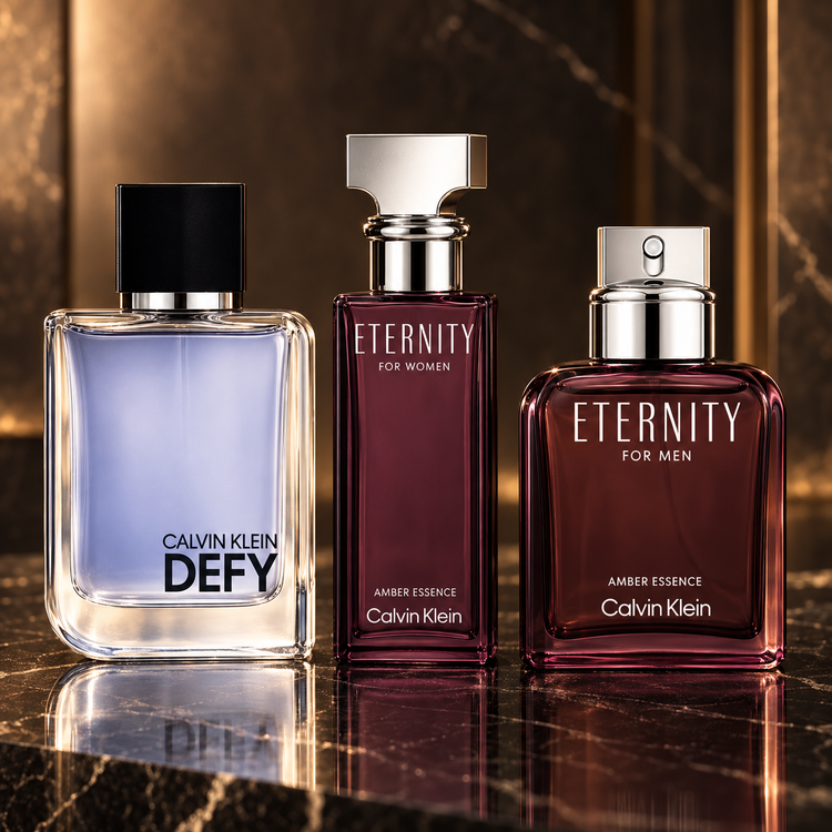 Calvin Klein: Defy, Eternity for Women Amber Essence, Eternity for Men Amber Essence — scena su marmo nero