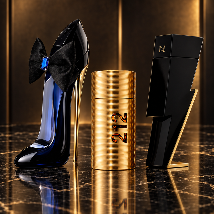 Carolina Herrera: Bad Boy, 212 Men Parfum, Good Girl Bowtastic — scena su marmo nero