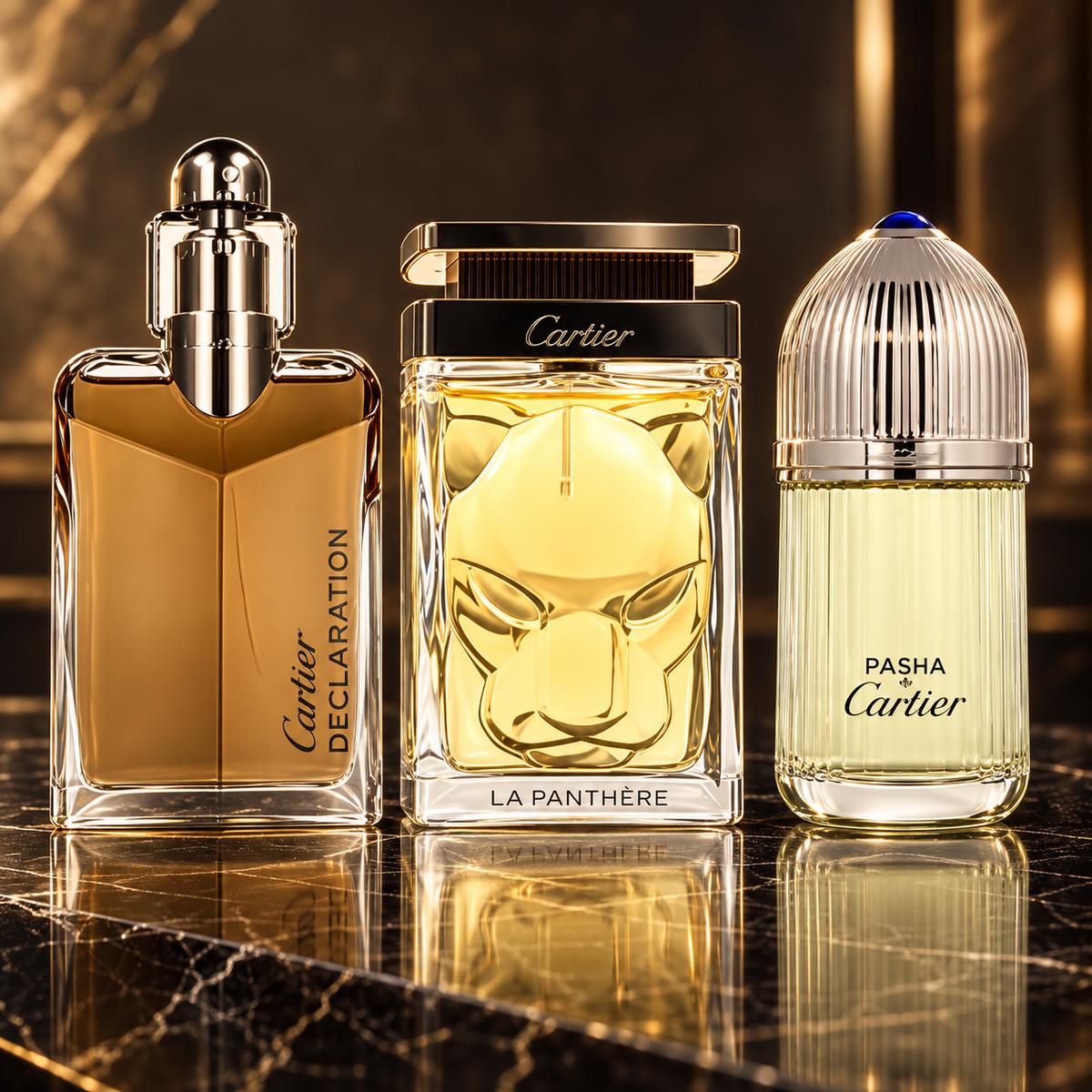 Cartier: Déclaration Profumo da uomo - ricaricabile 50 ml, La Panthère Elixir, Pasha de Cartier — scena su marmo nero