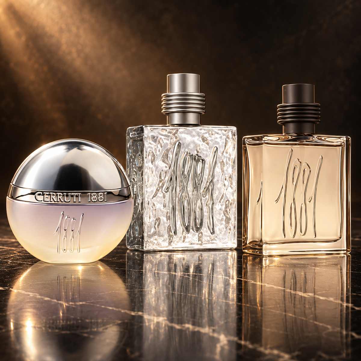 Cerruti: 1881 Rêve De Roses, 1881 Silver, 1881 Riviera — scena su marmo nero