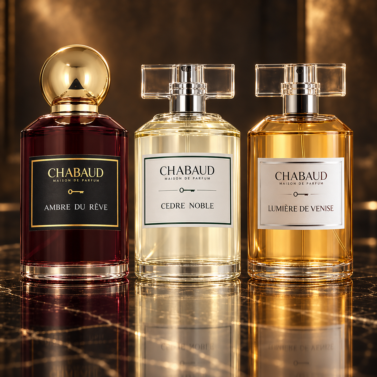 Chabaud: Ambre Du Reve, Cedre Noble, Lumière de Venise — scena su marmo nero