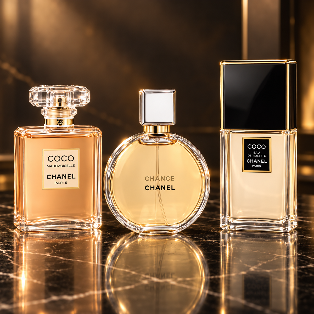 Chanel: Coco Mademoiselle Intense, Chance Eau De Parfum (donna) 35 ml, Coco Eau De Toilette 50 ml (donna) — scena su marmo nero